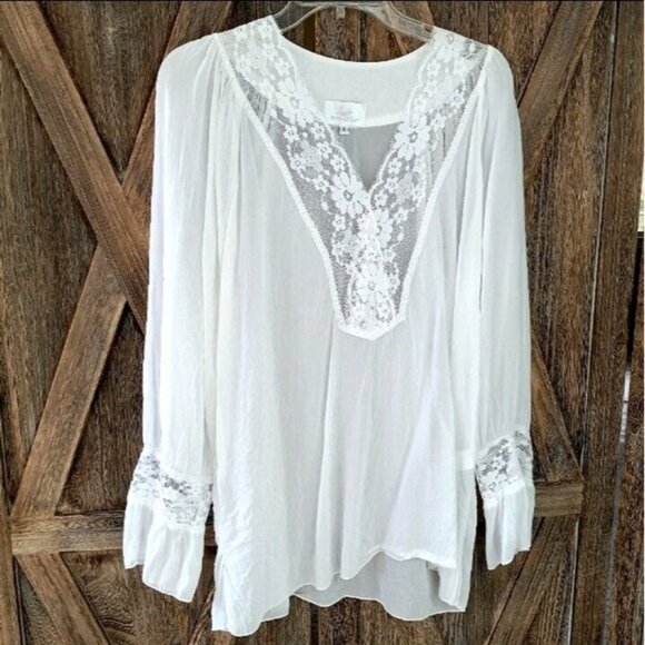 Soft Surroundings Blouse Top Sz L White Lace Trim Flounce Sleeve V-Neck Feminine - Picture 1 of 13